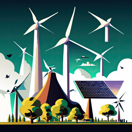 Ecology concept with wind turbines, solar panels and solar panels.の素材