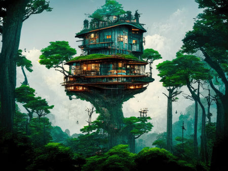 Fantasy landscape with wooden house on the tree in the forest.の素材