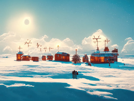 Snowy winter landscape with huts and snowdriftsの素材