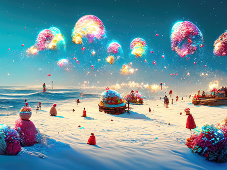 Fantastic winter landscape with snowman and children on the beachの素材