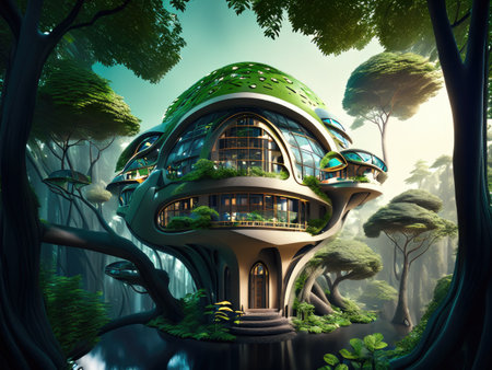 Fantasy fantasy landscape with a green house in the forest.の素材