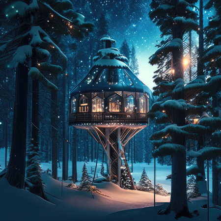 Snowy winter night in the forest with a lantern.の素材