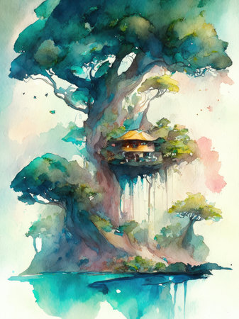 Watercolor house in the middle of a big treeの素材