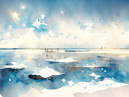 Watercolor seascape with clouds and sun.の素材