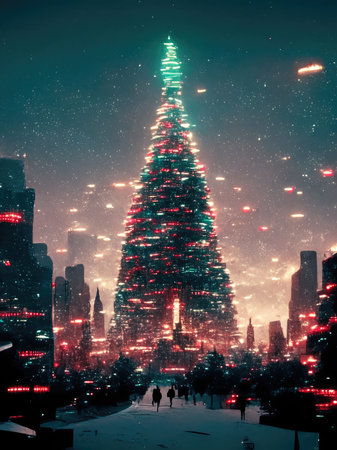 christmas tree in hongkong at night with light effectの素材