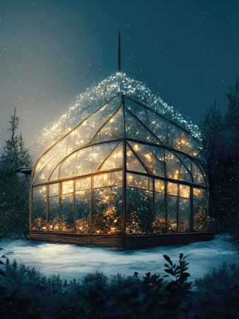 Greenhouse with christmas lights in winter forest at night. Christmas concept.の素材