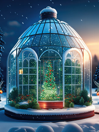 Christmas and New Year holidays background. Christmas tree in a glass greenhouse at night.の素材