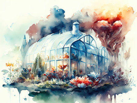 Watercolor greenhouse with flowers on a background of the skyの素材