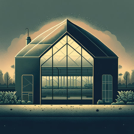Greenhouse in the countryside at sunset.の素材