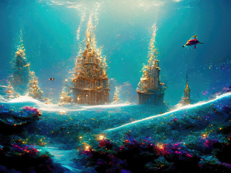 Fantasy landscape with fantasy temple in the sea.の素材