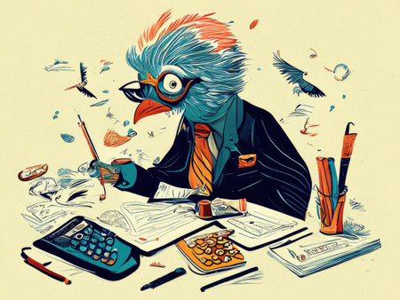 Businessman sitting at his desk with documents, pen and calculatorの素材