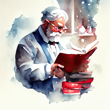 Watercolor Old man reading a book at the window.の素材