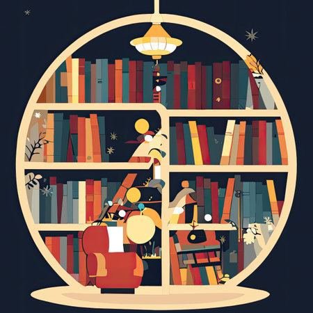 a book shelf with books and a Christmas tree.の素材