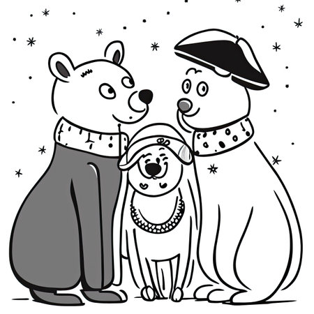 Polar bear and dog in hats and scarves.の素材