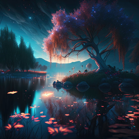 Magic landscape with lake and trees at night.の素材