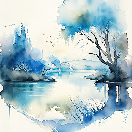 Abstract watercolor background with trees and lake.の素材