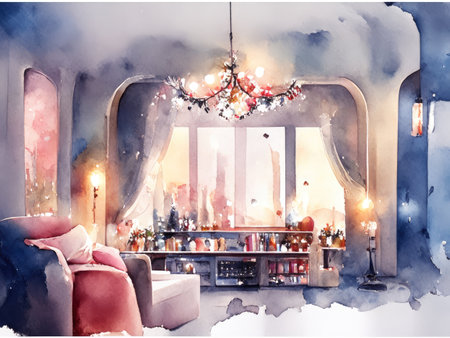 Watercolor Beautiful interior of the living room.の素材