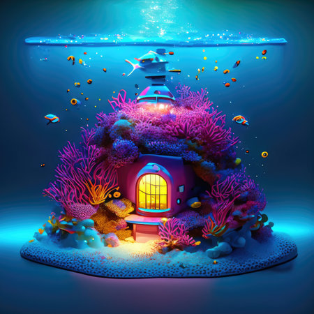 Underwater world with house and corals.の素材
