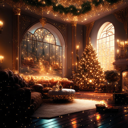 Christmas interior with Christmas tree, fireplace and gifts.の素材