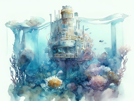 Watercolor fantasy landscape with a lighthouse and a flower.の素材