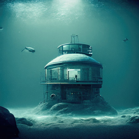 Underwater view of a sunken lighthouse in the ocean. Vintage style.の素材