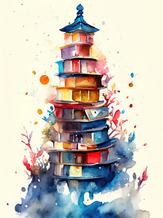 Colorful watercolor tower in the shape of a houseの素材