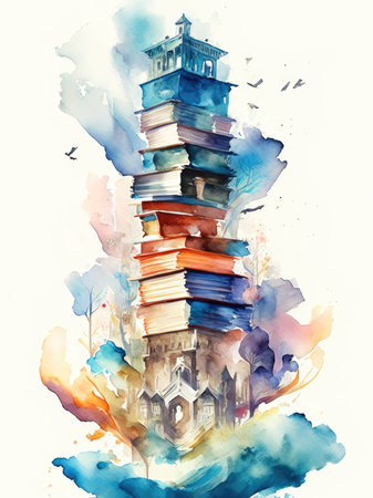 Watercolor tower of books with a mosque in the backgroundの素材