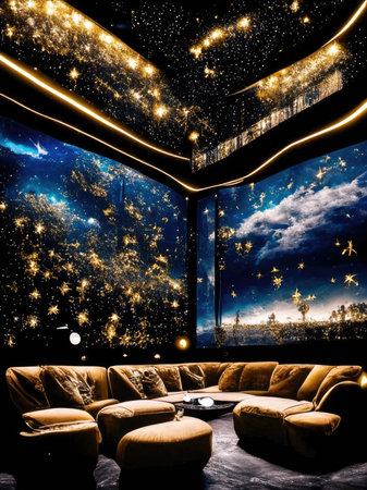 Interior of a room with a view of the night sky.の素材