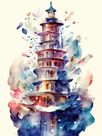 Watercolor tower of the mosque.の素材