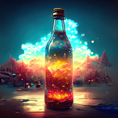 Vintage bottle with firework on the background of the city.の素材