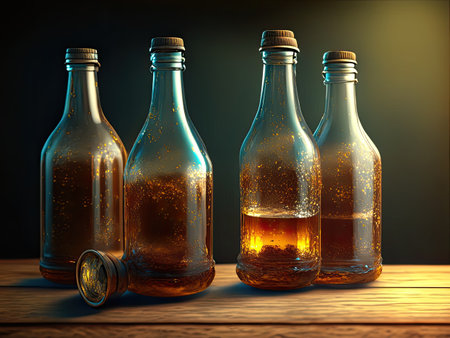 Bottles of whiskey on a wooden table.の素材