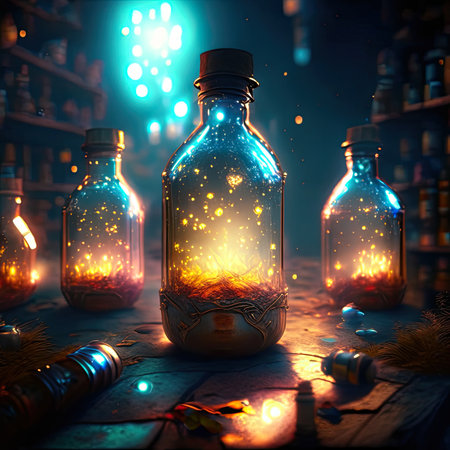 Magic potion in bottles. Halloween concept. Fairy tale.の素材