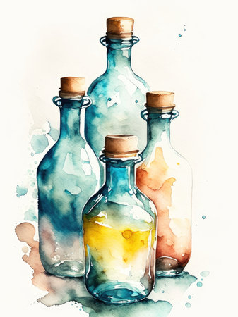 Watercolor bottles with yellow and blue liquid.の素材