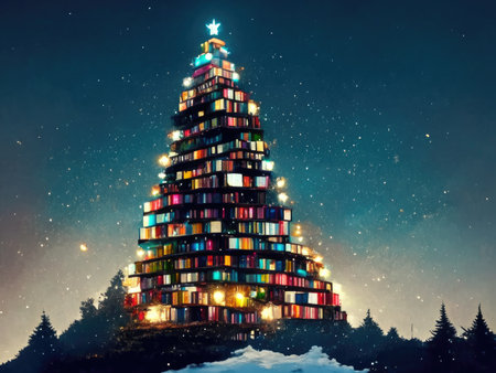 Christmas tree made of multicolored boxes on top of the mountainの素材