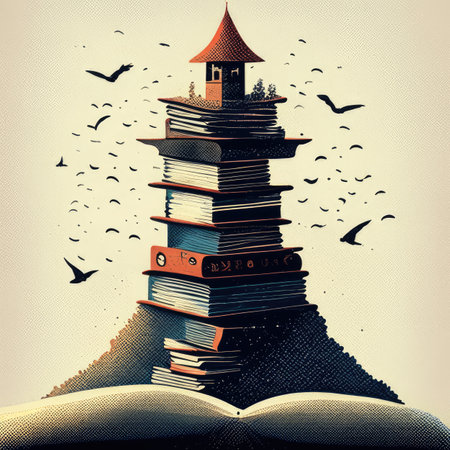 Book tower with flying birds. Education and knowledge concept.の素材
