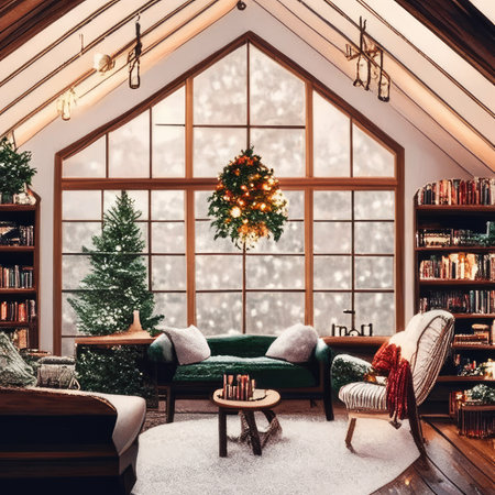 Cozy living room with christmas tree, bookshelf, sofa and coffee tableの素材