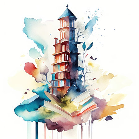 Watercolor tower with books, pencils and cloudsの素材