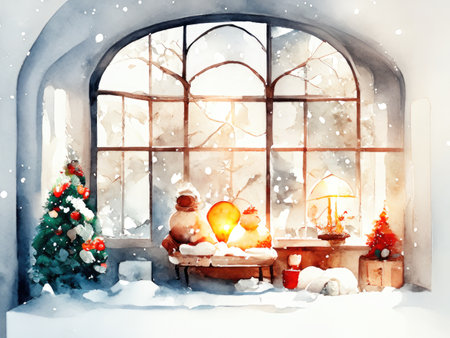 Christmas interior with window, snowman, gifts and christmas treeの素材