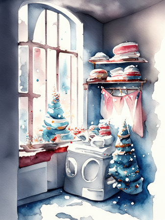 Watercolor children's room with a window, a washing machine and a snowmanの素材