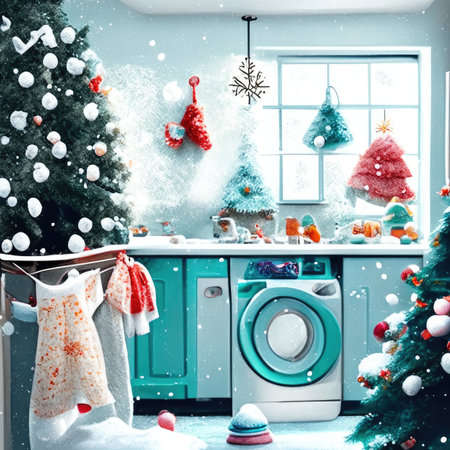 Laundry room with washing machine and christmas tree.の素材