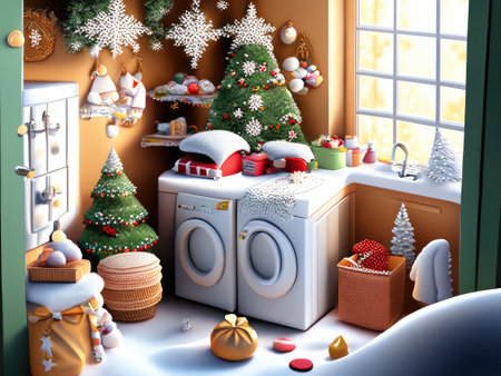 Washing machine with christmas gifts in the kitchenの素材