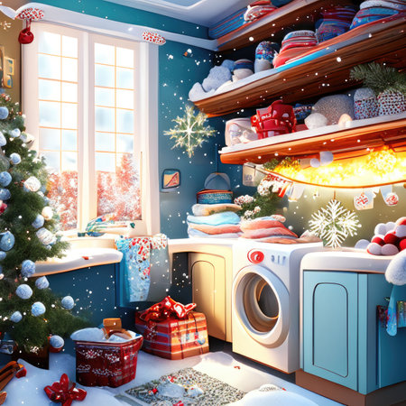 Laundry room with christmas tree and presents.の素材
