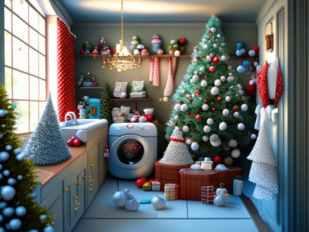 Laundry room with christmas tree and presents.の素材