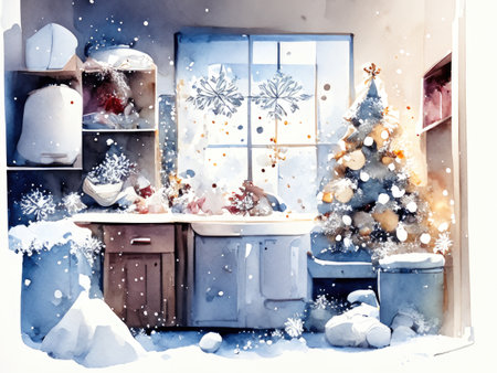 Winter scene with snowflakes and Christmas tree in the kitchen.の素材