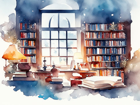 Watercolor bookcase with books and a window.の素材