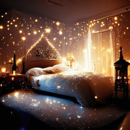 Luxury bedroom with christmas lights.の素材