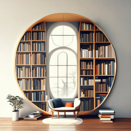 Interior of modern library with bookshelves and armchair.の素材