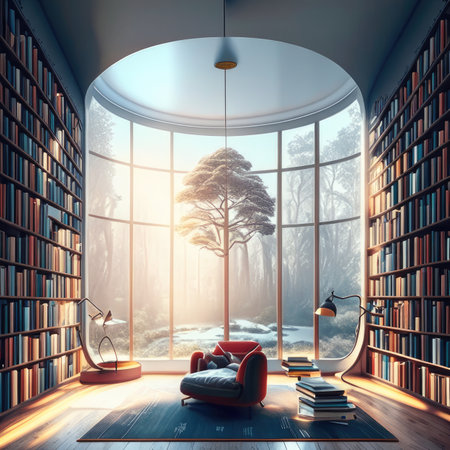 Interior of a living room with a large window, a chair and a bookcase.の素材