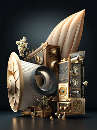 Retro music and cinema equipment in a dark backgroundの素材
