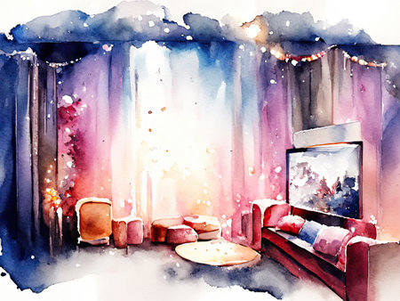 Watercolor Winter living room with fireplace and armchair.の素材